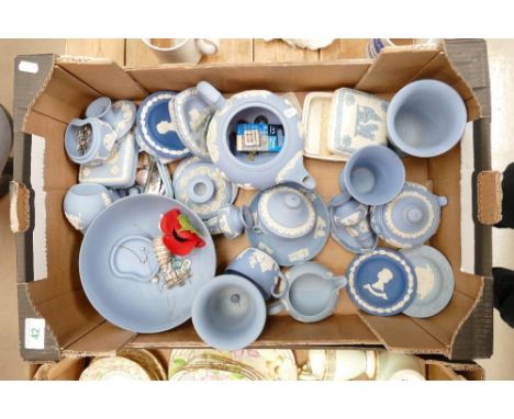 A collection of Wedgwood blue jasperware to include : fruit bowl, trinket boxes, teapot, ashtrays etc 