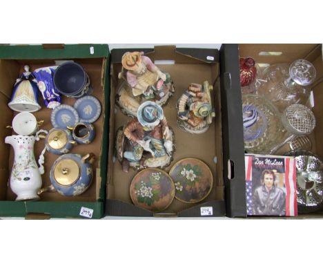 A mixed collection of glass and ceramic items: to include three large capodimonte figures, lady figures, Gibsons tea service 