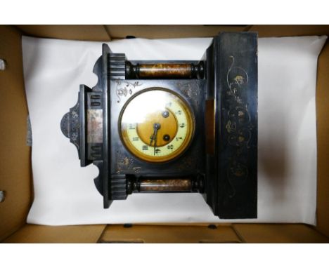 Early 20th century black stone mantle clock: height 30cm 