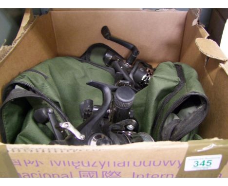 A collection of fishing items to inlcude: max 60 branded carp reels x 3 and rod bag 
