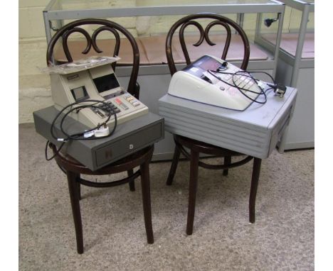 Two retail shop tills: one sharp and one casio, both with keys together with two dark bent wood chairs (4) 