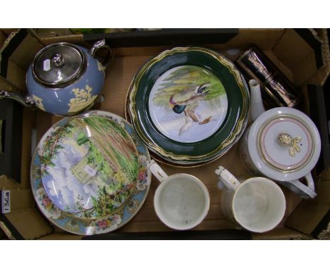 A mixed collection of ceramic items: to include Spode plates, Crown Staffordshire wall plaques, Hammersley tankards (2nds), G