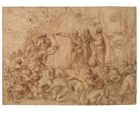 * Attributed to Giovanni Francesco Romanelli (1610-1662). Moses striking water from the rock, circa 1640-50, large-scale comp