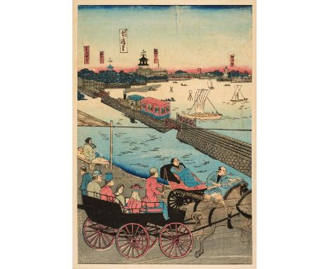 * Japanese School. Harbour scene with steam train and figures in a carriage, circa 1870, colour woodblock print, 350 x 235mm 