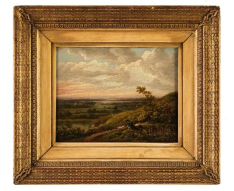 * Morland (George, 1763-1804). Gentleman &amp; dog on a hillside, oil on panel, indistinct monogram G.M. lower right, old pap