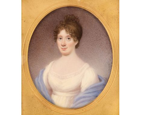 * English School. Oval portrait miniature of a young lady, circa 1805, watercolour and bodycolour on ivory, half-length portr