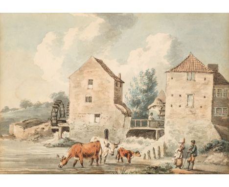 * Le Cave (Peter, active c.1769-1816). Cattle Watering by a Mill, pen, ink and watercolour, depicting a drover talking to a w