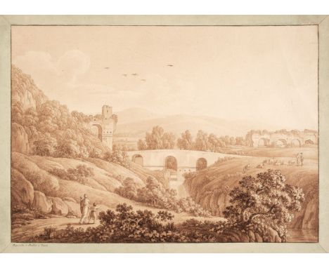 * Attributed to Johann August Nahl (1752-1825). Acquedotti di Claudio a Tivoli, fine sepia wash over etched outline, on laid 