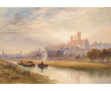 * Wright (Richard Henry, 1857-1930). Lincoln Evening, 1904, watercolour over pencil on paper, depicting a tug pulling a barge