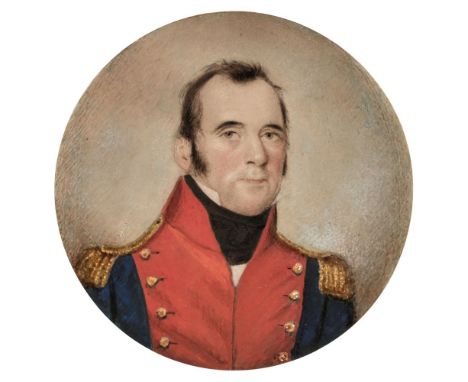 * English School. Portrait miniature of W.S. Rickword, 1814, circular watercolour and gouache on card, laid down on thick car