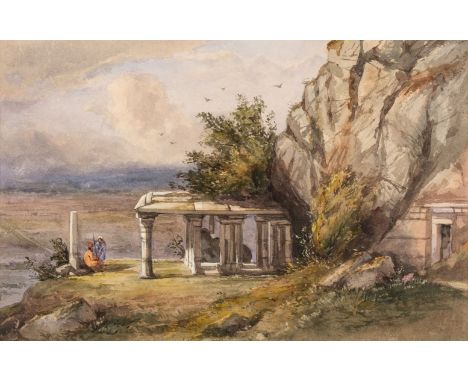 * D' Oyly (Major General Sir Charles Walters, 1822-1900). Ruins of an Indian Temple on a rocky promontory, with figures, wate