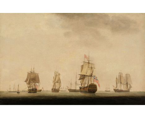 * Marine School. British Royal Navy warships with first-rate square-rigged battleship at anchor in foreground, circa 1810-20,