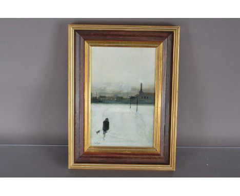 (ar) Janet Ledger (b.1931), oil on board, Figure with Dog, signed J Ledger to the lower left, 13.5cm x 21cm, framed