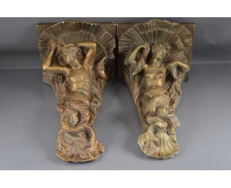 A pair of large gilded plaster corbel sconces, both with figural design of Mermaids, 53cm highPlease see additional images