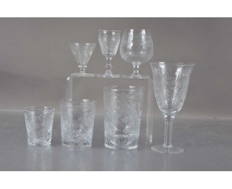 A suite of seven Jack Lloyd engraved 'Tudor Crystal' glasses, engraved with 'Ribbon and Rose'. Glasses include a cordial glas