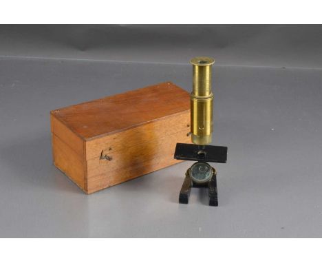 Small brass student's microscope in a mahogany fitted box,  label to box reads Grossissement. Microscope H 17.9 cm