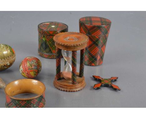 Tartan ware, An sandglass egg timer, together with Stuart patten stirrup cup case, napkin ring, etc. Together with a 1938 Emp