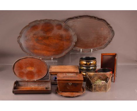 A good collection of antique wooden items and more, including an embroidered mesh box, a damaged inkwell, a tea caddy, wine b