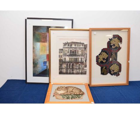 Four framed artworks, including a signed print, a modern print, an embroidered cat and a textile fragment signed below K. Tho