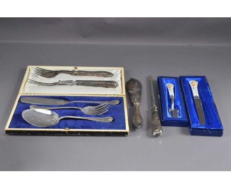 Silver plated flatware, including a cased serving set and a boxed Aynsley knife and fork with porcelain handles