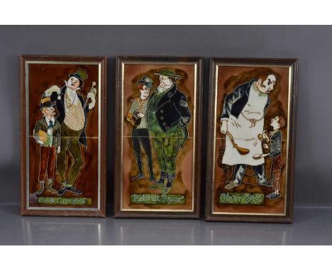 A set of three Maw & Co tubeline majolica Charles Dickens pictures, each image made of two framed tiles: 'Oliver Twist'; 'Dav