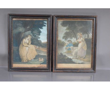 Two 18th Century mezzotint engravings "Maria at Moulines" and "Annette and Lubin", both presented in contemporary pearwood fr