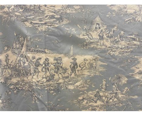 A set of four curtains, marked Histoire D'Eau France to border, lined, in need of cleaning, approx sizes 260cm wide and 150cm