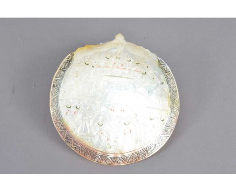 An antique carved mother-of-pearl devotional plaque or baptismal spoon, Jerusalem or Holy Land, 19th Century. Natural shell c