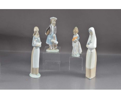 Two Lladro and two Nao figurines, including a girl with a doll, a girl with oranges, a lady with a rabbit and a lady with a d