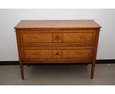 A nice late 19th century French inlaid commode, 126cm wide, in cherry or fruitwood with inlay to top and drawers