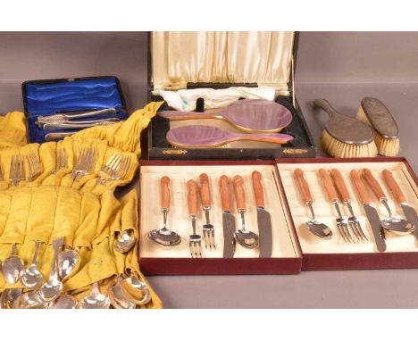 A mixed lot of silver and silver plate, including two silver brushes, together with a boxed enamel back brush and mirror set,