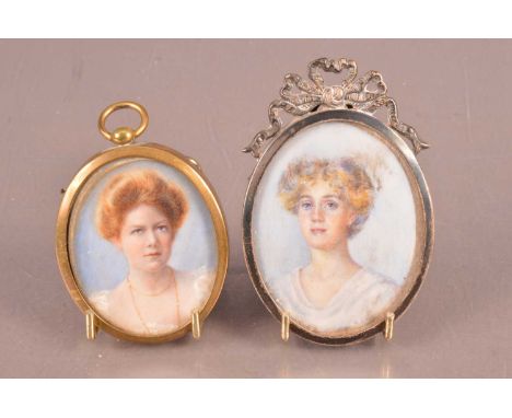 Two Edwardian portrait miniatures, one in silver frame with bow to top, 7cm high and another in gilt metal frame, believed to