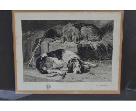Edward Gilbert Hester (1843-1903) "After A Day's Hunting (Otter Hounds in a Kennel)", engraving. Published by B. Brooks & Son
