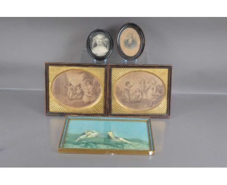 A pair of 18th Century stipple engravings "Whip Top" and "Shuttle Cock", framed in late 18th Century pearwood frames with ova
