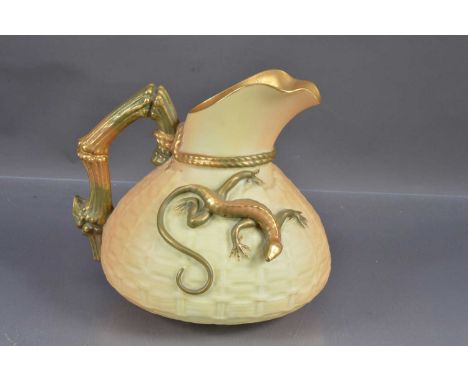 Royal Worcester blush ivory porcelain lizard jug, moulded with basketweave and faux bamboo handle. Raised lizard to. Gilded t