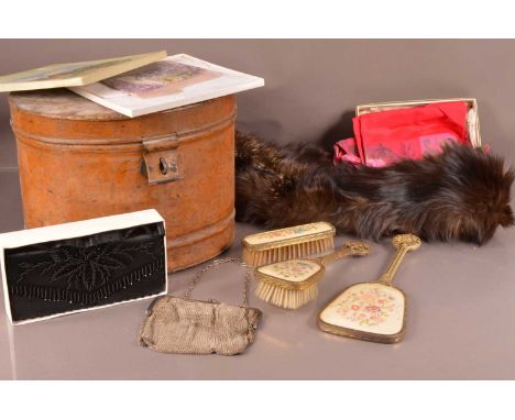 A mixed lot of vanity items and clothing, including a silver plated mesh purse, various other fabric purses, handkerchiefs, g