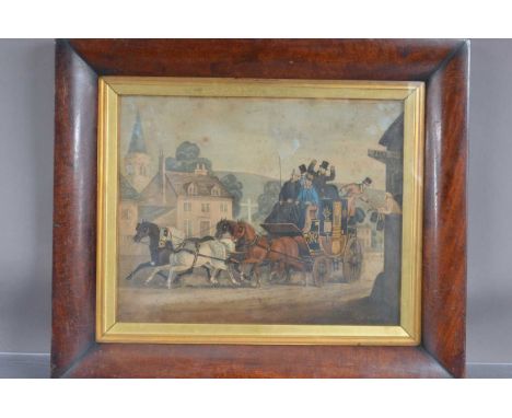 An early hand-coloured Victorian coaching print,  presented in a good original 19th century rosewood frame. The naïve folk-ar