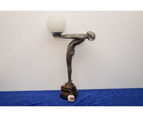 An Art Deco "Style" lamp, 65cm high, the spelter figure of a nude lady supporting a spherical glass shade in her hands