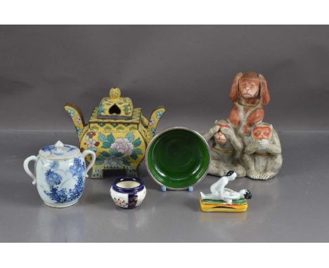 A mixed lot of Oriental porcelain, including a Satsuma wise monkeys group, 17cm high, an erotic group, a blue and white cover