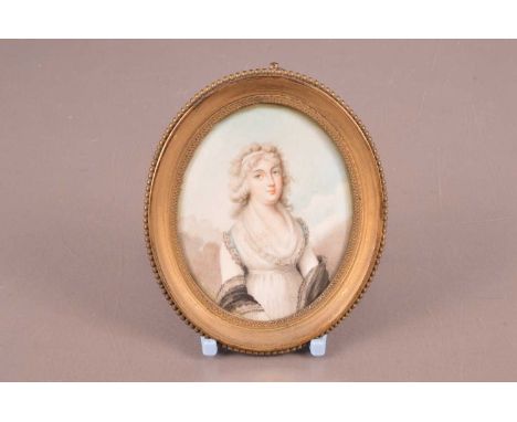 A late Georgian ivory portrait miniature, oval, 8.5cm by 6.5cm, depicting a lady in white dress, sold with Ivory Declaration 