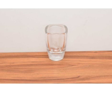 A circa 1950s Orrefors glass short vase, with engraved rearing stallion to front, etched signature to base, 13.3cm high