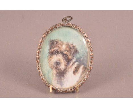 A Victorian portrait miniature, oval, 6cm by 5cm, in frame, with sweet painting of a terrier dog, sold with Ivory Declaration