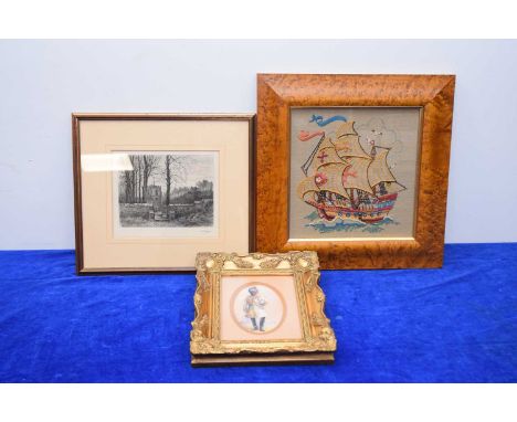 Three framed artworks, including a small print of a gentleman in military uniform, a burr walnut framed embroidered picture o