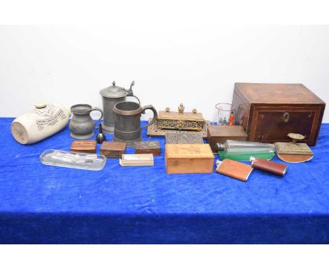 A mixed lot, including a Victorian work box, several smaller boxes, two hipflasks, a glass and silver mounted flask, a brass 