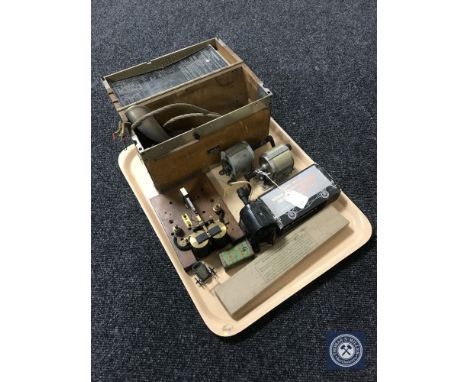 A tray of a boxed vintage Chinese telephone hand set, motors, Mainline Railways wagon, box of bricks for Hornby No. 2 High Ca