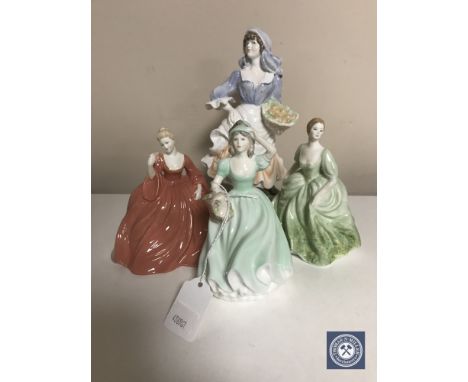A Royal Worcester Old Country Ways figure, Rosie Picking Apples, together with three Coalport figures Natalie, Jennifer and P