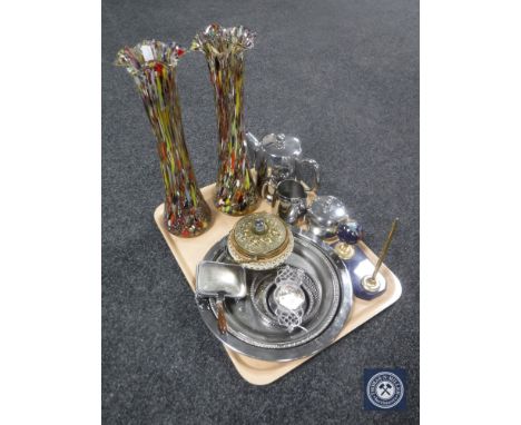 A tray of two studio glass vases, assorted plated wares, stainless tea service on tray etc