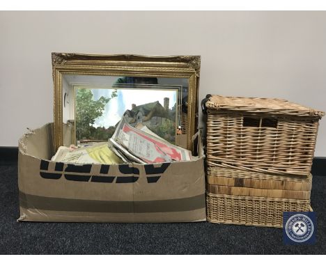 A box containing vintage sheet music, gilt framed oil on canvas, two gilt framed picture mirrors and two wicker baskets