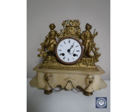 A continental alabaster and gilt metal mantel clock with enamelled dial 