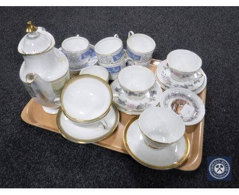 A tray of Royal Doulton English Renaissance teapot, assorted Royal Doulton china cups and saucers, six Coalport Revelry cups 